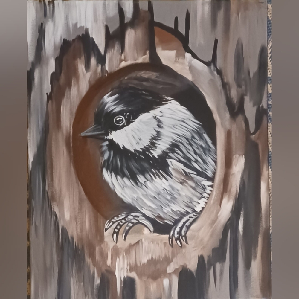Original Acrylic Black & White Chickadee Decorative Pet Bird Art